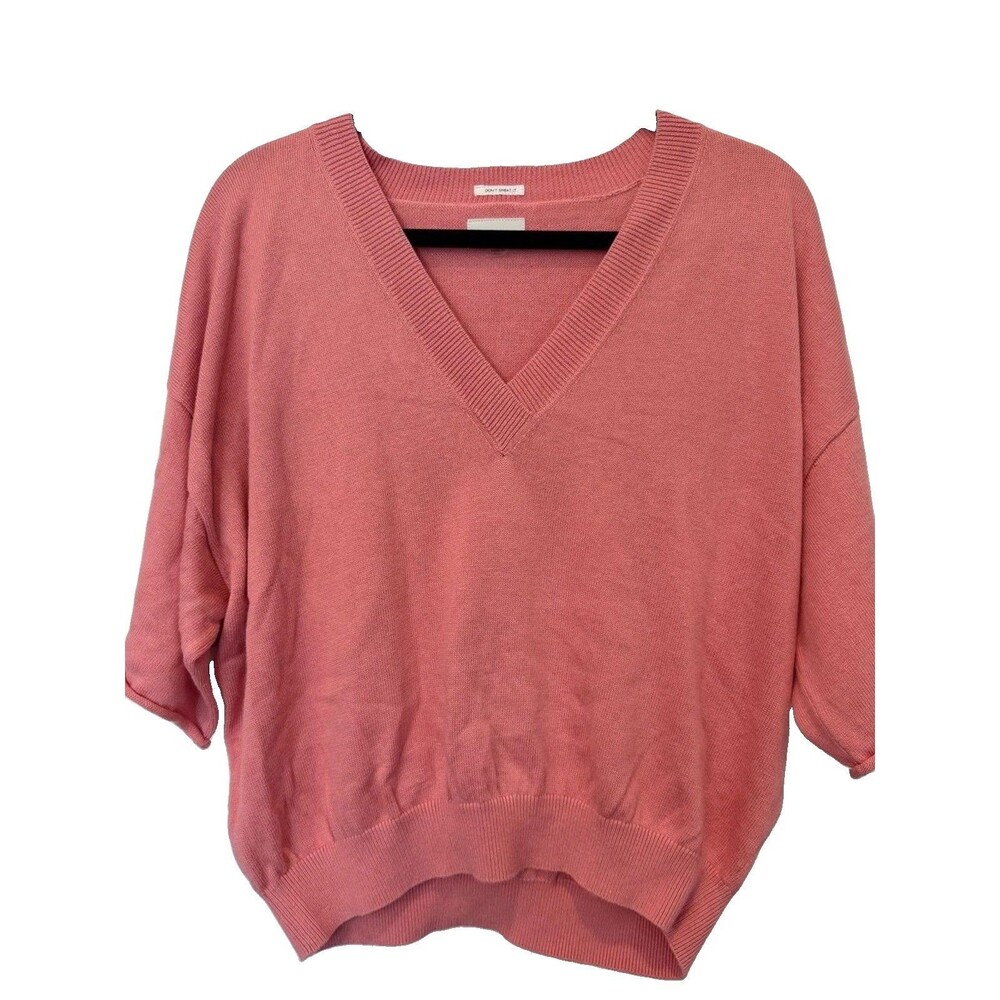 MOTHER Pink V Neck Boxy Crop Sweater Women's Large Short Sleeve Knit